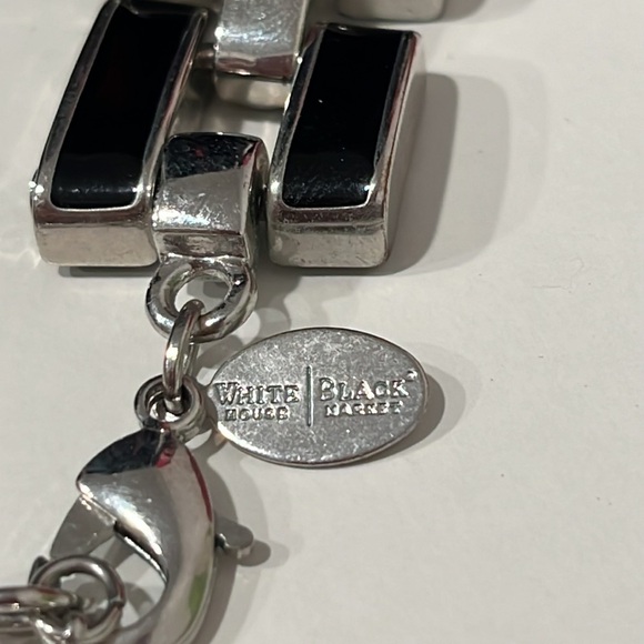 White House Black Market Square Enamel Necklace Black Silver Chain Link 18” - Picture 3 of 5